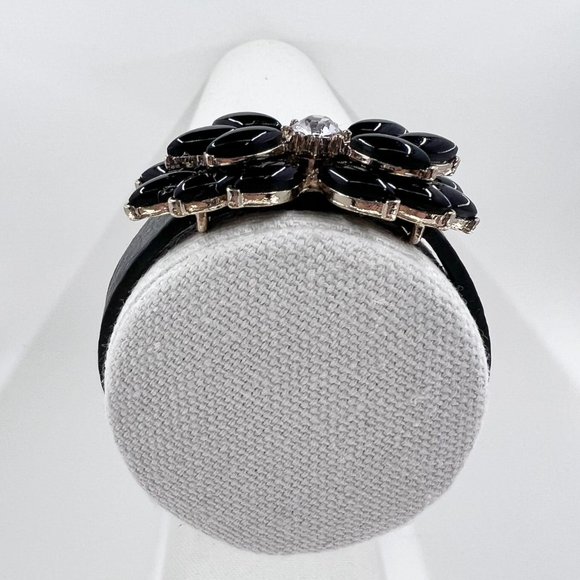 Black Jeweled Double Stacked Flower Gold Tone Black Leather 7” Bracelet - Picture 3 of 9